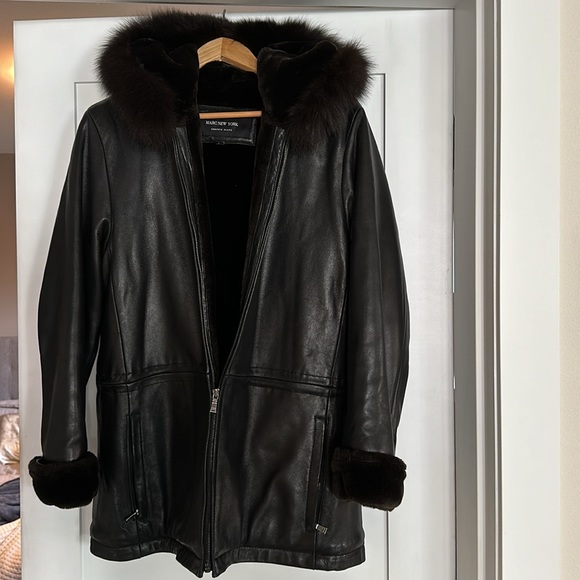 Plush lined leather jacket with fur trim hood - Picture 8 of 8